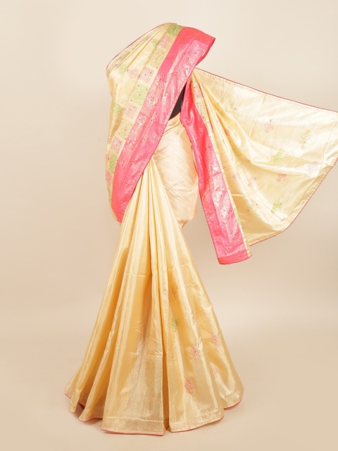 

Pothys Cream & Pink Coloured Ethnic Motifs Brasso Printed Border Jute Silk Saree