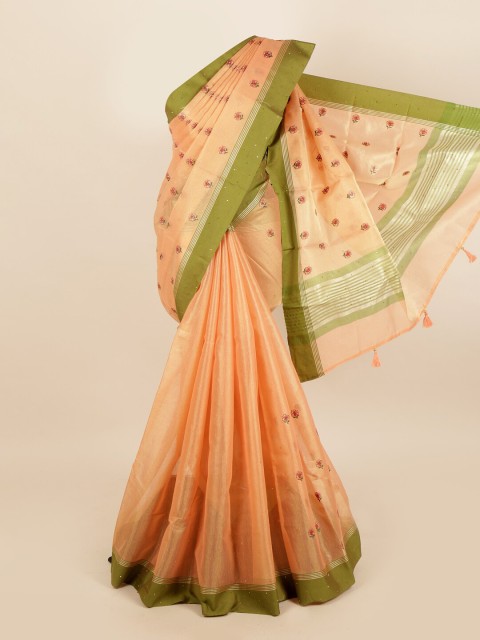 

Pothys Women Peach & Olive Green Tissue Floral Embroidered saree