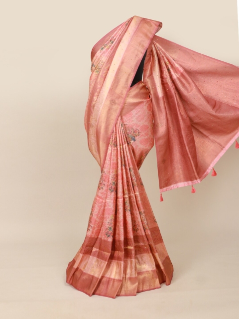 

Pothys Pink & Yellow Floral Beads and Stones Silk Blend Saree