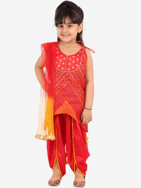 

KID1 Girls Red Bandhani Printed Kurta with Dhoti Pants & With Dupatta