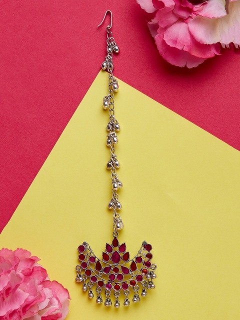 

ZeroKaata Oxidised Silver-Plated Red & Orange Stone-Studded Chandbali Maang Tikka