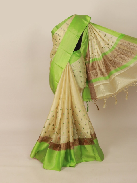 

Pothys Cream-Coloured & Green Tissue Saree