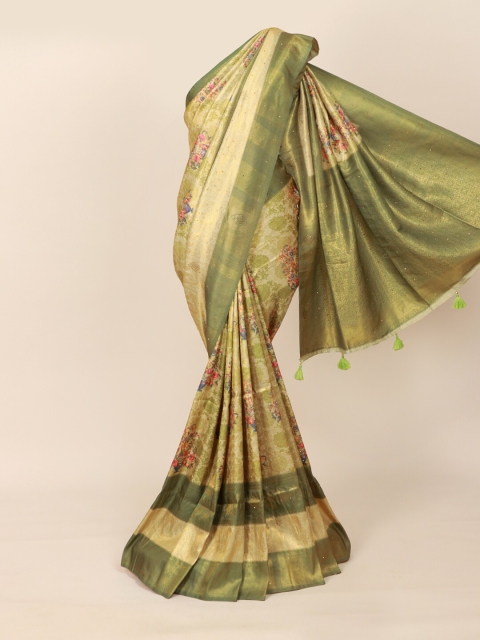 

Pothys Cream-Coloured & Green Floral Beads and Stones Silk Blend Saree