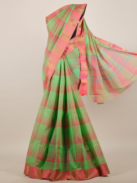 

Pothys Green & Pink Checked Pure Cotton Saree