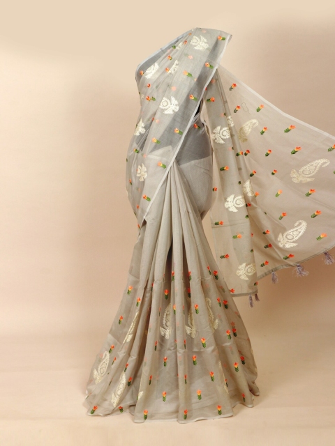 

Pothys Grey & Orange Floral Embroidered Saree