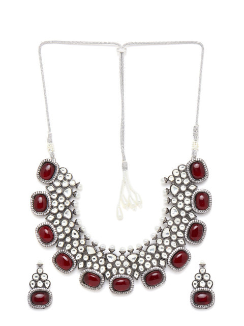 

GloBox By ZeroKaata Silver-Plated White & Maroon Gemstones Handcrafted Jewellery Set