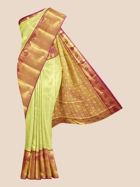 

Kalamandir Women Lime Green & Golden Ethnic Motifs Kanjeevaram Saree
