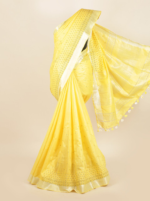

Pothys Yellow & Silver-Toned Floral Linen Blend Saree