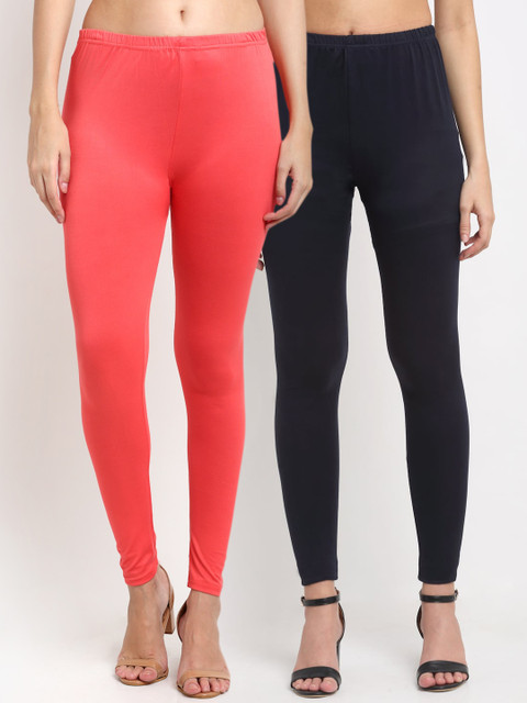 

NEUDIS Women Pack Of 2 Navy Blue & Peach-Coloured Solid Ankle-Length Leggings