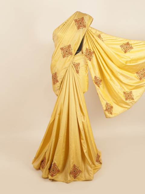 

Pothys Yellow & Gold Ethnic Motifs Beads and Stones Embellished Jute Silk Saree