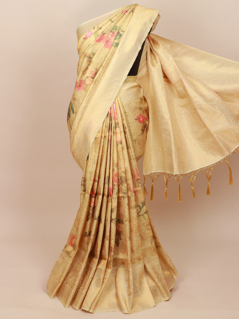 

Pothys Gold-Toned & Green Floral Zari Art Silk Banarasi Saree