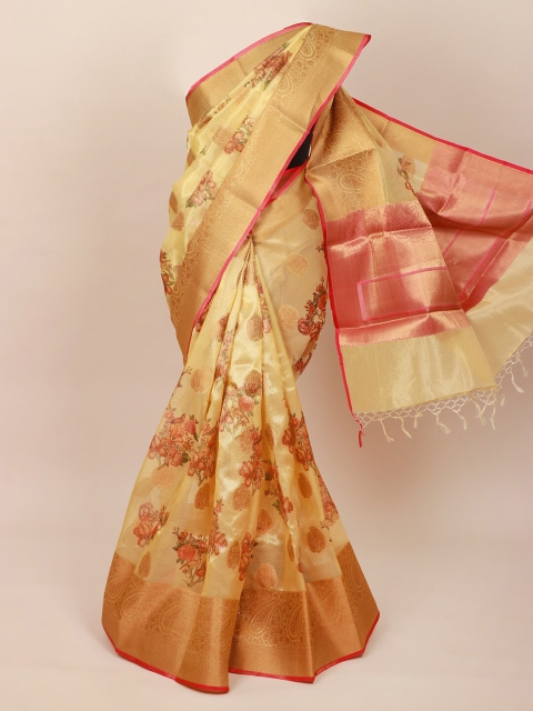 

Pothys Yellow & Pink Floral Art Silk Banarasi Saree