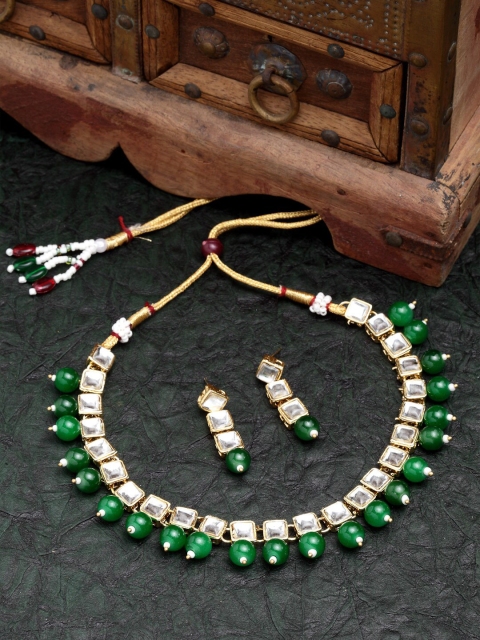 Shining Diva Gold-Plated Green & White Kundan-Studded Choker Jewellery Set