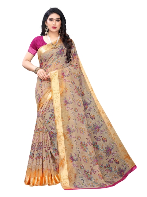 

KALINI Beige & Yellow Floral Pure Linen Saree