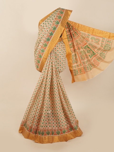 

Pothys Cream-Coloured & Green Ethnic Motifs Saree