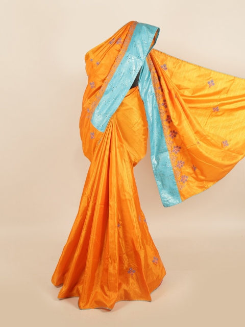 

Pothys Orange & Blue Floral Beads and Stones Jute Silk Saree