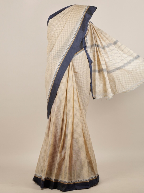 

Pothys Cream-Coloured & Navy Blue Checked Pure Cotton Saree