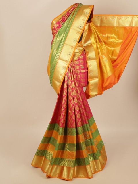 

Pothys Pink & Green Ethnic Motifs Zari Silk Blend Saree