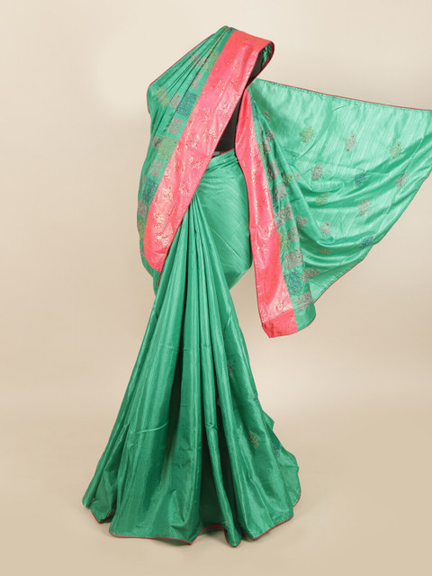 

Pothys Green & Pink Embellished Jute Silk Saree
