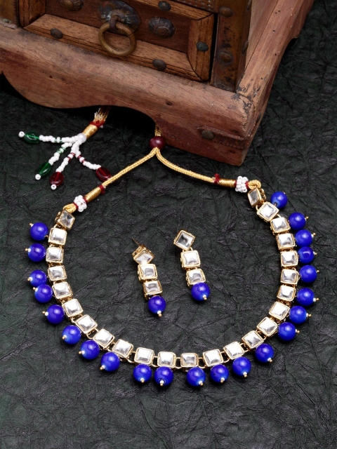 

Shining Diva Gold-Plated White & Blue Kundan-Studded Beaded Jewellery Set