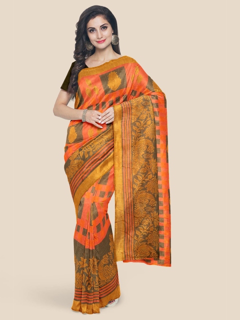 

KLM Fashion Mall Orange & Green Ethnic Motifs Zari Brasso Saree