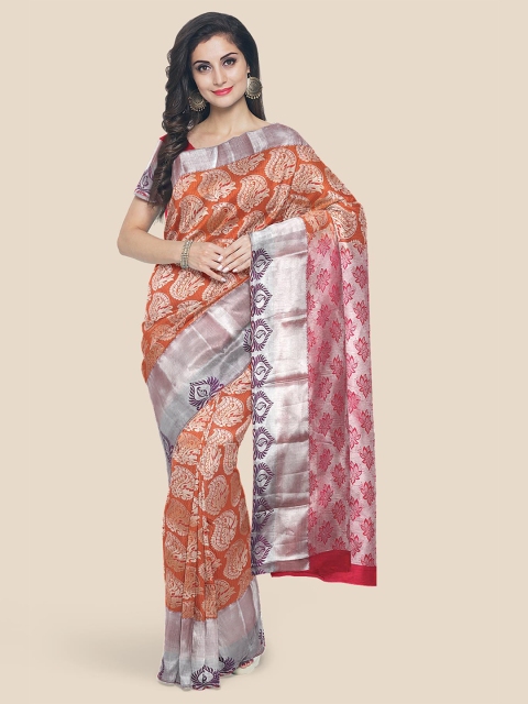 

Kalamandir Orange & Silver Ethnic Motifs Kanjeevaram Saree