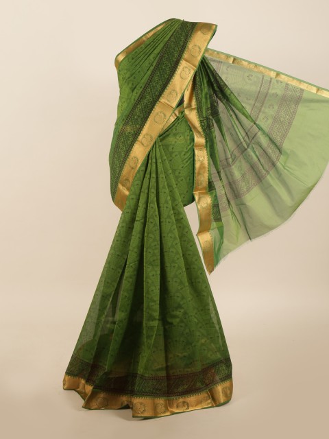 

Pothys Green & Gold-Toned Floral Zari Silk Cotton Saree