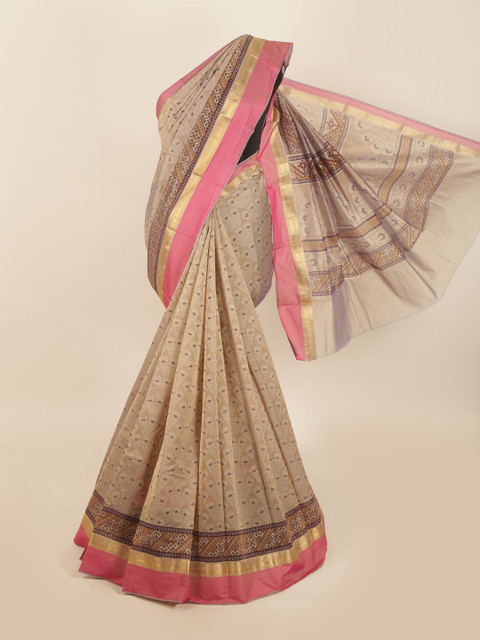 

Pothys Grey & Pink Ethnic Motifs Zari Silk Cotton Saree