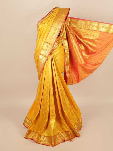 

Pothys Yellow & Gold-Toned Ethnic Motifs Zari Silk Blend Saree
