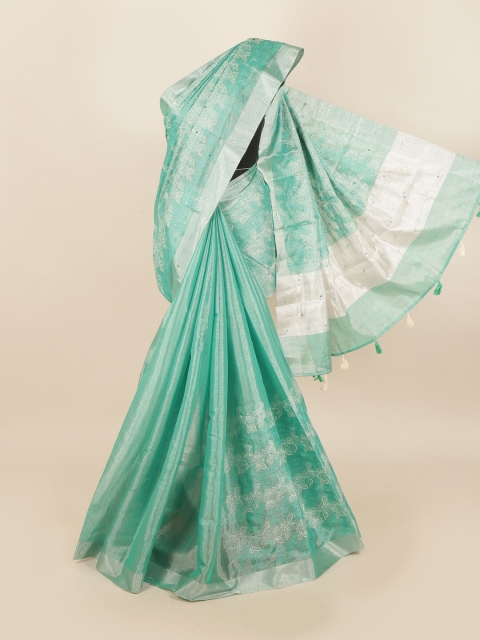 

Pothys Green & White Floral Mirror Work Tissue Saree