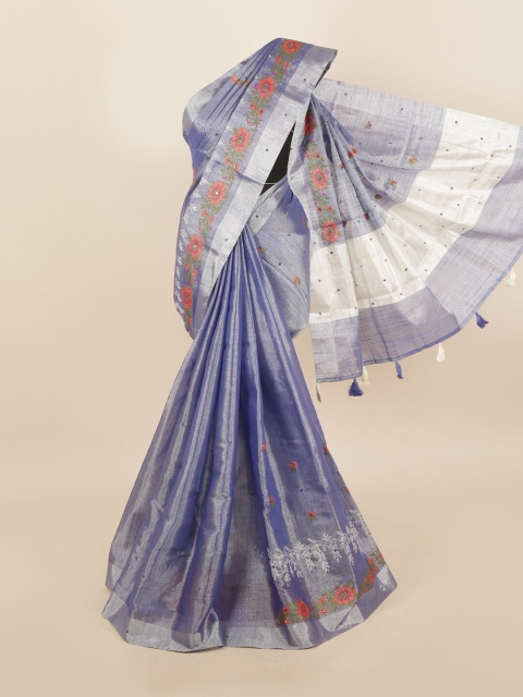 

Pothys Blue & Silver-Toned Floral Tissue Saree