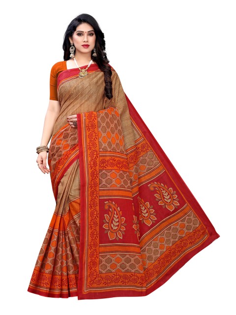 

KALINI Coffee Brown & Orange Ethnic Motifs Pure Cotton Saree