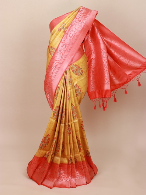 

Pothys Mustard Yellow & Pink Floral Zari Art Silk Banarasi Saree