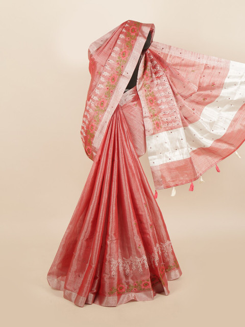 

Pothys Red & Silver-Toned Floral Beads and Stones Tissue Saree