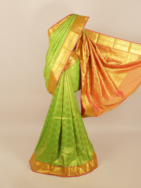 

Pothys Green & Gold-Toned Floral Zari Stone Work Silk Blend Saree