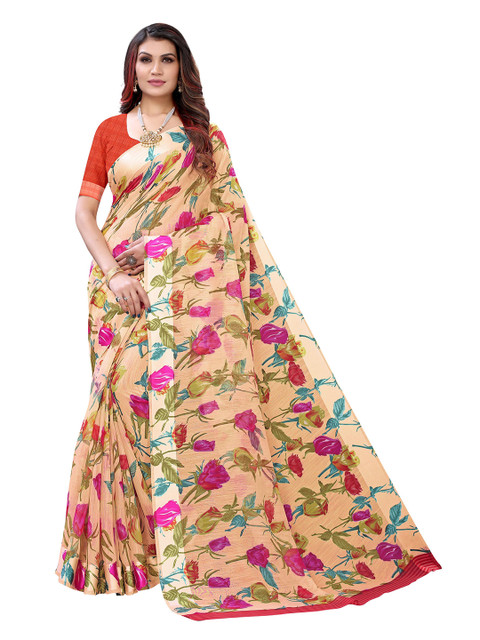 

KALINI Peach-Coloured & Green Floral Pure Linen Saree