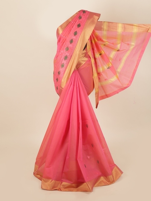 

Pothys Pink & Green Floral Embroidered Silk Cotton Saree