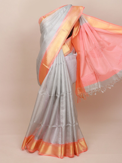 

Pothys Silver-Toned & Peach-Coloured Woven Design Tissue Saree
