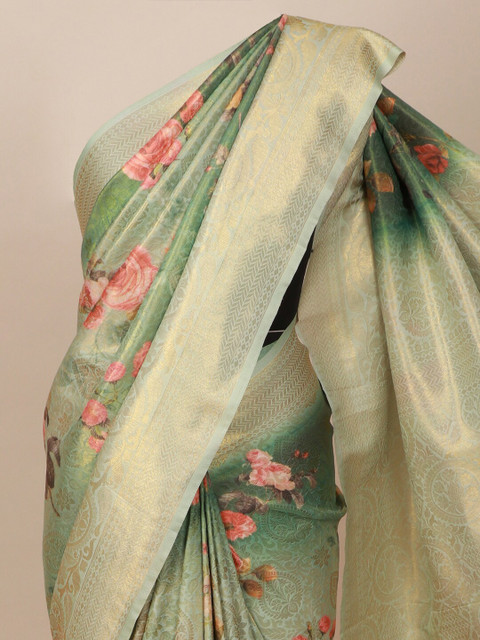 

Pothys Green & Pink Floral Art Silk Banarasi Saree