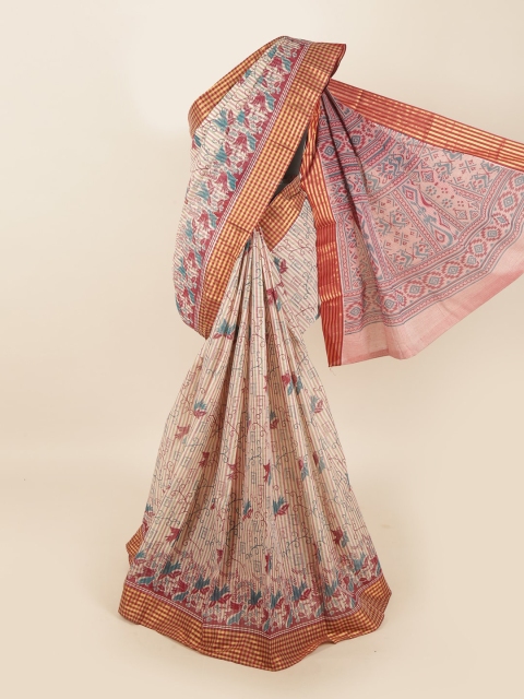 

Pothys Cream-Coloured & Red Cotton Blend Floral Zari Saree