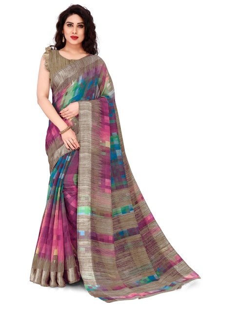 

KALINI Pink & Teal Geometric Printed Saree