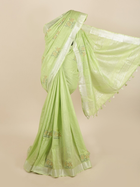 

Pothys Women Green & Silver Linen Blend Floral Embroidered Saree