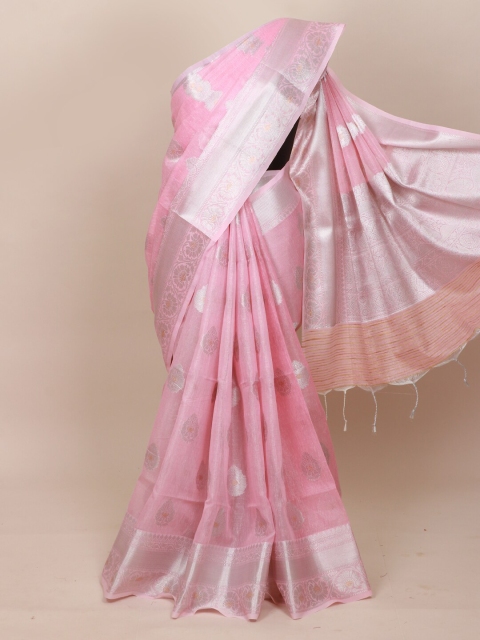 

Pothys Pink & Silver-Toned Floral Zari Tissue Saree