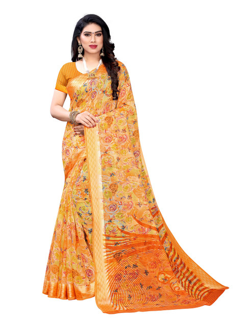 

KALINI Orange Floral Printed Pure Linen Saree