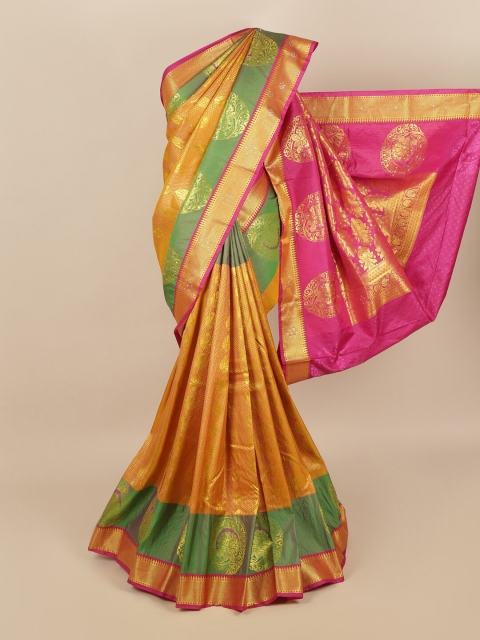 

Pothys Mustard & Green Ethnic Motifs Zari Silk Blend Saree
