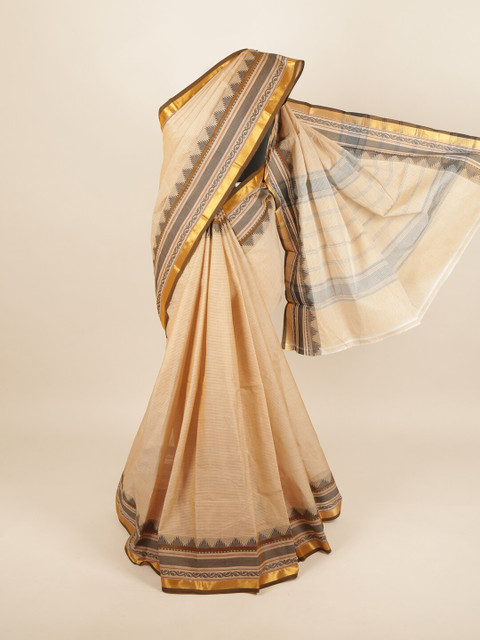 

Pothys Cream-Coloured & Black Zari Pure Cotton Saree