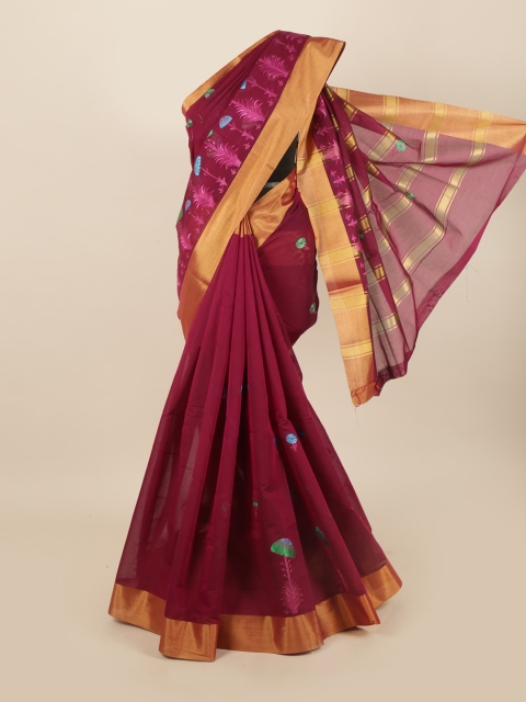 

Pothys Magenta & Gold-Toned Floral Embroidered Silk Cotton Saree