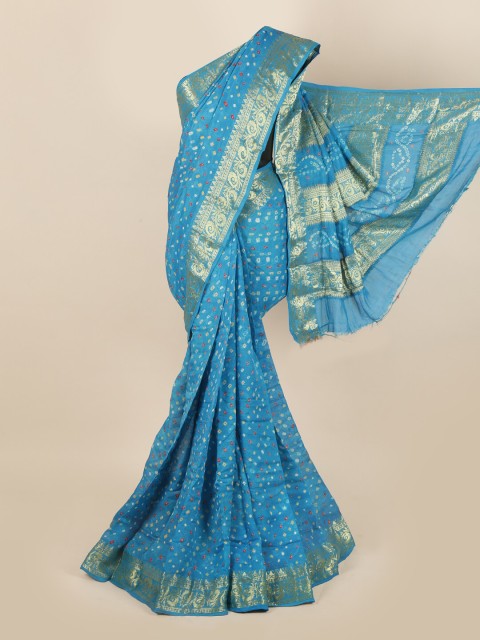

Pothys Turquoise Blue & White Bandhani Zari Art Silk Saree
