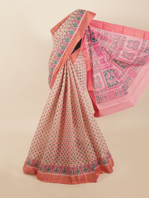 

Pothys Cream-Coloured & Pink Ethnic Motifs Zari Saree