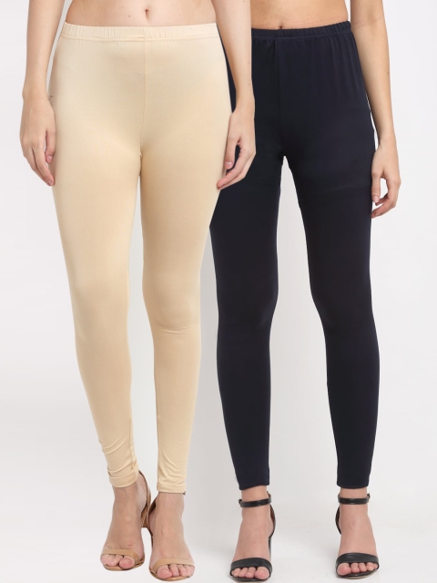 

NEUDIS Women Pack Of 2 Beige & Navy Blue Solid Ankle-Length Leggings